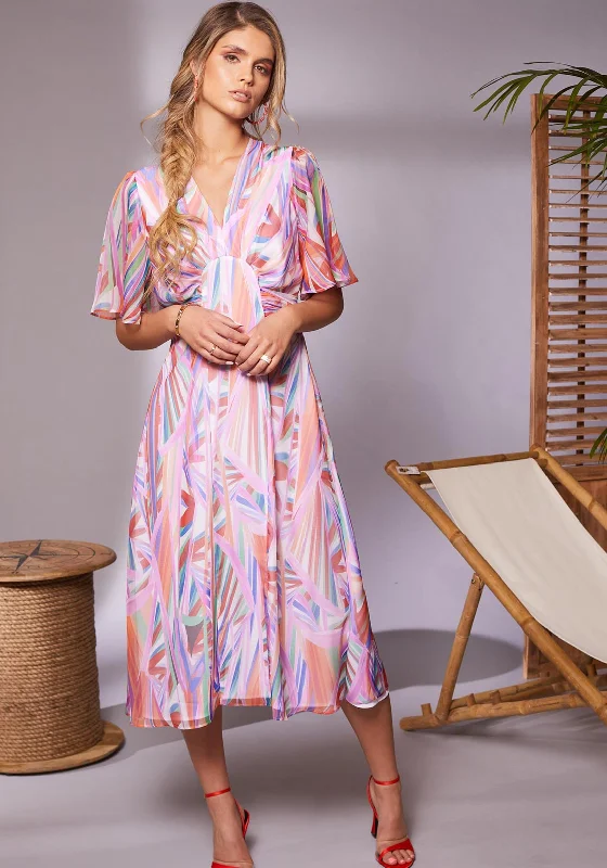 Kate Cooper Tropical Print Pleated Detail Midi Dress, Lilac Stylish Off-Shoulder Ruffle Dress