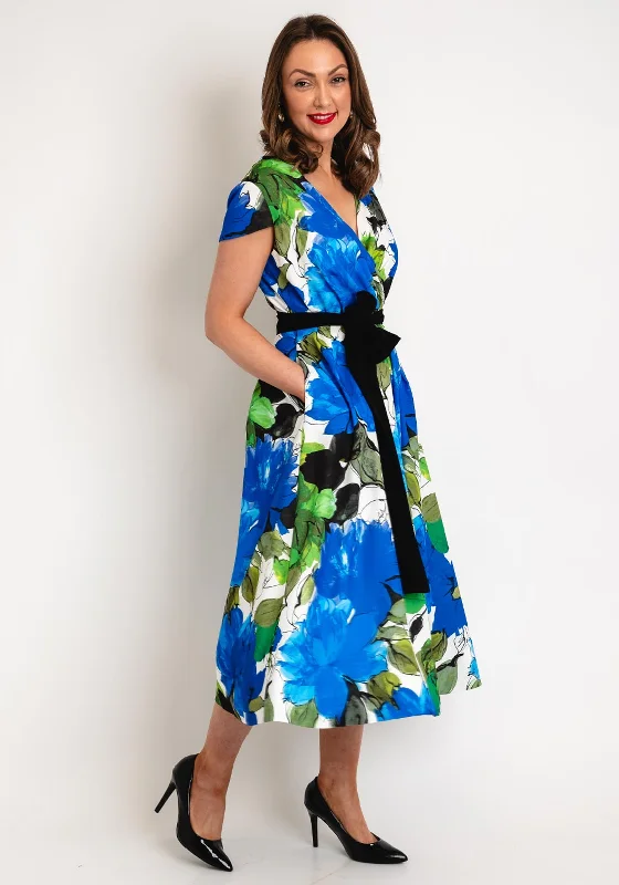 Kate Cooper Floral Print Wrap Midi Dress, Royal Blue Elegant Puff Sleeve Midi Dress