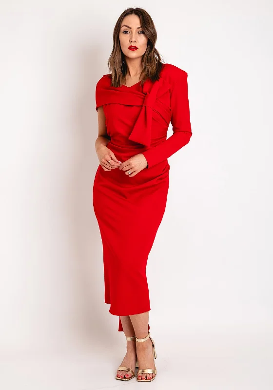 Kevan Jon Carolyn One Shoulder Bow Detail Midi Dress, Red Trendy Smocked Detail Midi Dress