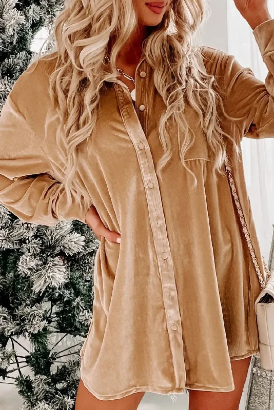 Light French Beige Velvet Button Front Shirt Mini Dress Chic Bohemian Mini Dress