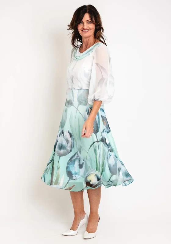 Lizabella Tulip Print Chiffon Midi Dress,Ice Green Trendy Ruffled Sleeve Midi Dress