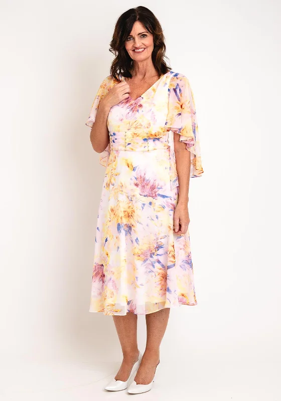 Lizabella Pleated Bodice Floral Print Chiffon Midi Dress, Iris Comfortable Casual Midi Dress