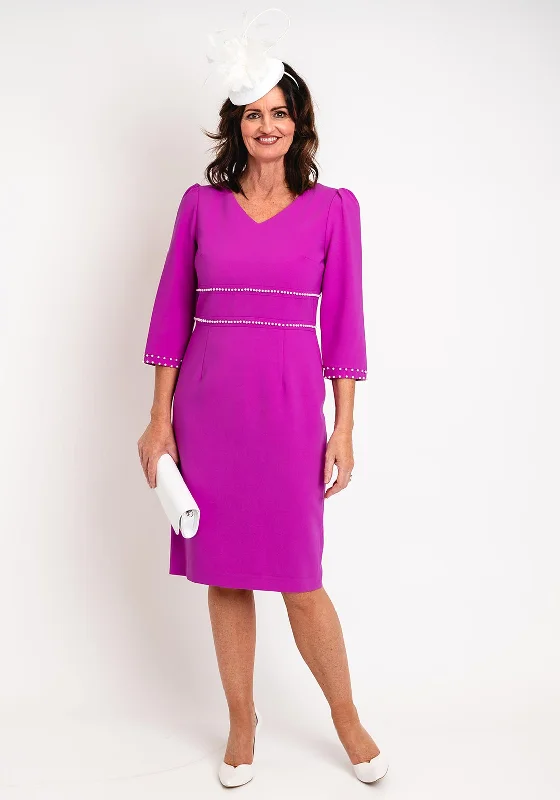 Lizabella Pearl Trim Midi Dress, Fuchsia Elegant Faux Wrap Midi Dress