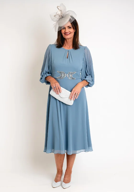 Lizabella Embellished Waist Chiffon Midi Dress, Aqua Trendy Mock Neck Midi Dress