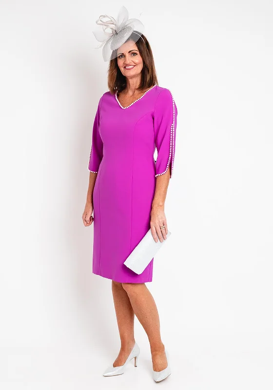 Lizabella Pearl Trim Tulip Sleeve Pencil Midi Dress, Fuchsia Classic Black Midi Dress