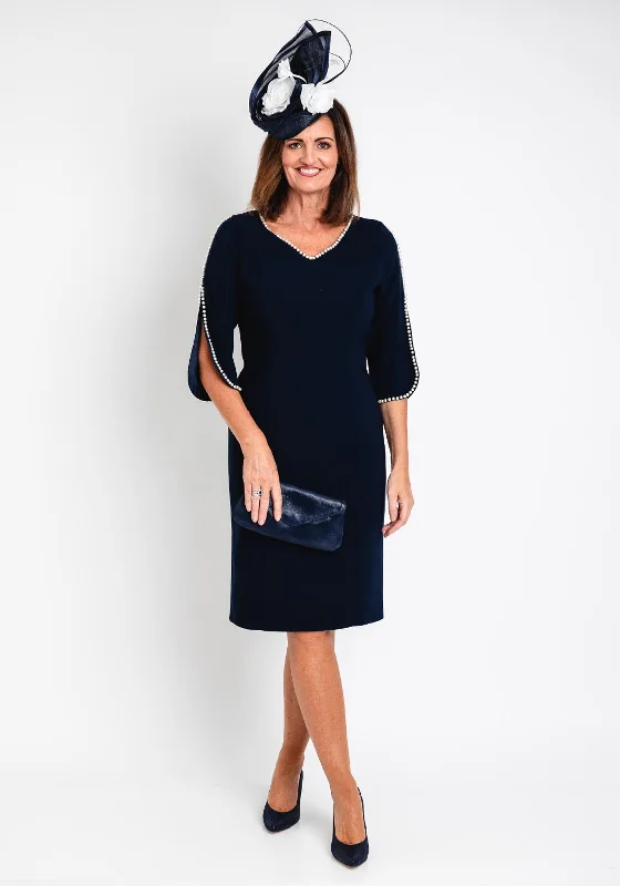 Lizabella Pearl Trim Tulip Sleeve Pencil Midi Dress, Navy Elegant V-Neck Midi Dress