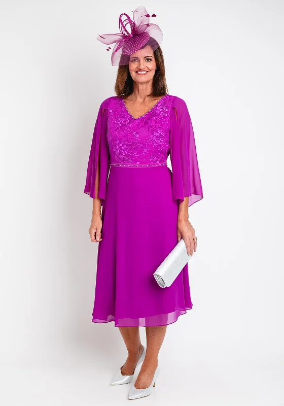 Lizabella Applique Chiffon Midi Dress, Fuchsia Stylish Midi Dress with Cuffs