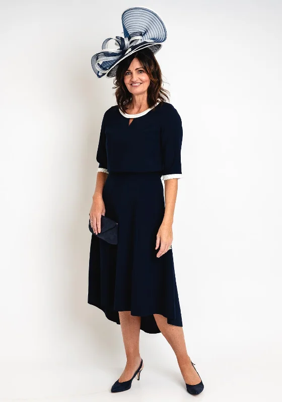 Lizabella Pearl Trim A-Line Midi Dress, Navy Elegant Lace Trim Midi Dress