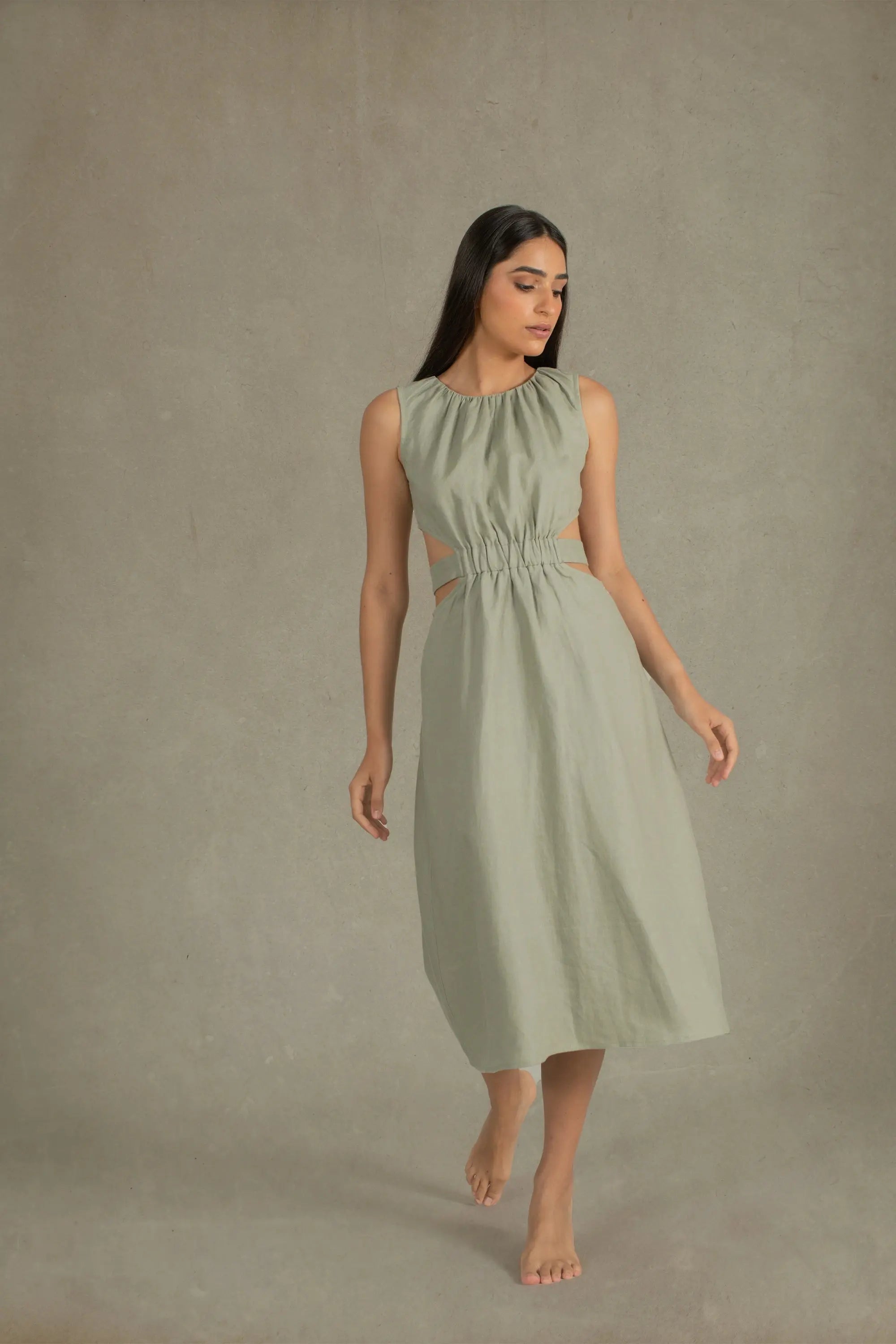 Luciole Linen Midi Dress Sage Green Comfortable Fit-and-Flare Midi Dress