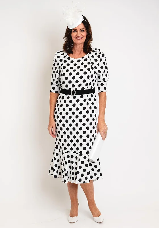 Luis Civit Polka Dot Midi Dress, Black & White Elegant Lace Trim Midi Dress