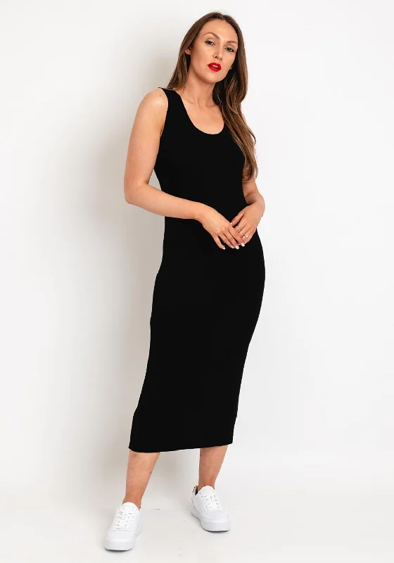 Natalia Collection One Size Basic Jersey Midi Dress, Black Comfortable Fit-and-Flare Midi Dress