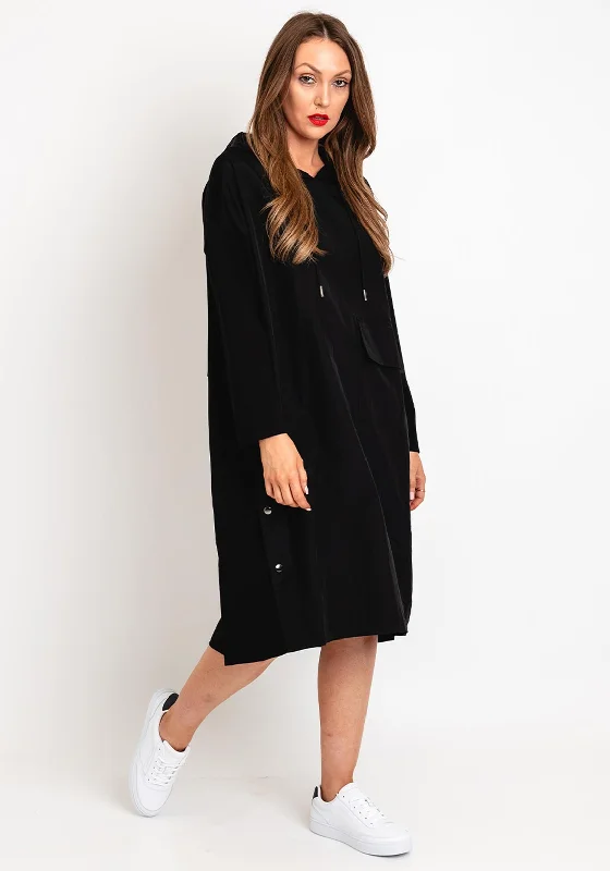 Natalia Collection One Size Mixed Media Hooded Midi Dress, Black Trendy Boho Midi Dress