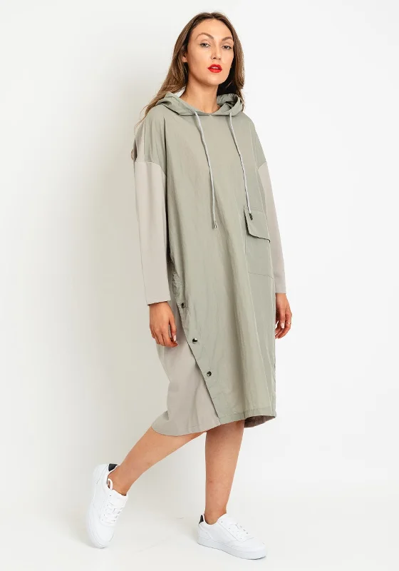 Natalia Collection One Size Mixed Media Hooded Midi Dress, Stone Comfortable Button Front Midi Dress