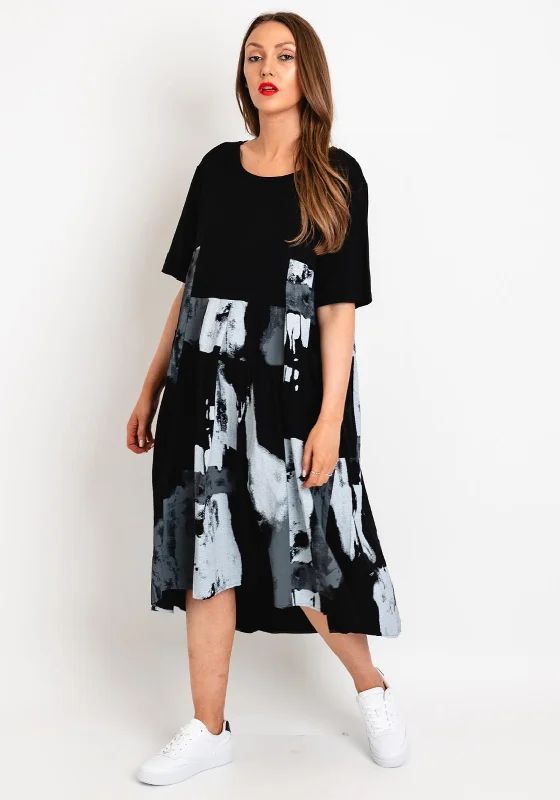 Natalia Collection One Size Drawstring Back Faded Print Midi Dress, Black Comfortable Denim Midi Dress