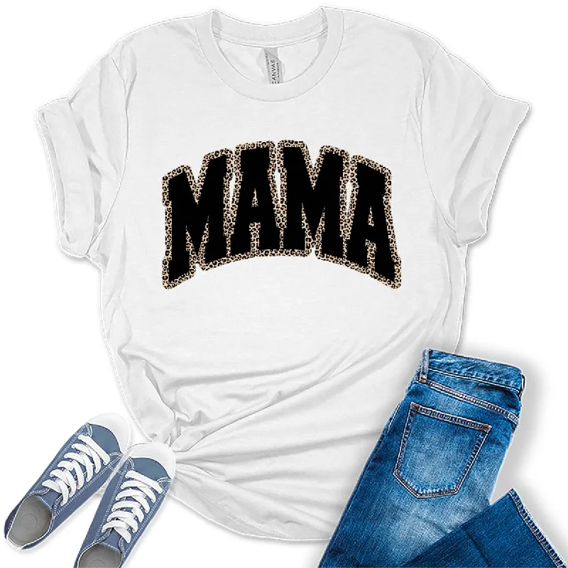 Mama Leopard Print Funny Mother's Day Womens Graphic Tees Front Pockets Side Pockets Patch Pockets