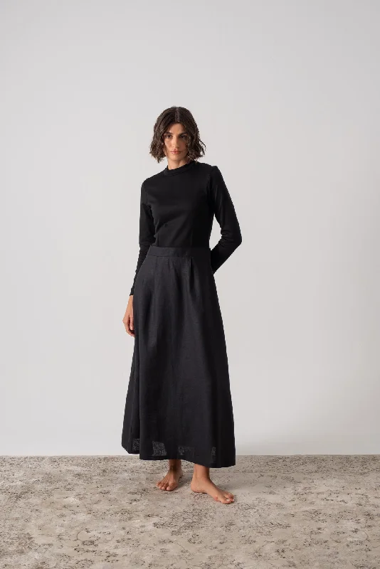 Mêlée Contrast Linen Midi Dress Black Elegant Lace Trim Midi Dress