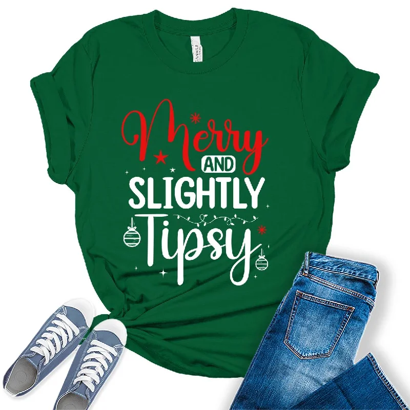 Merry And Slightly Tipsy Funny Drunk Christmas Womens T-shirt Embroidered Appliqued Beaded