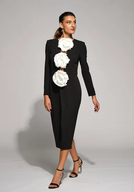 Moskada Carmen Contrast Corsage Placket Midi Dress, Black Elegant Maxi-Midi Hybrid Dress