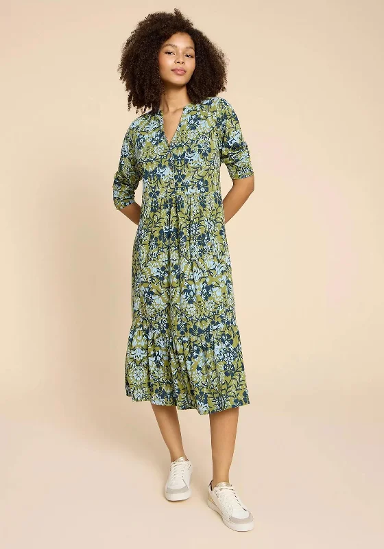 White Stuff Naya Print Jersey Midi Dress, Green Comfortable Adjustable Strap Midi Dress