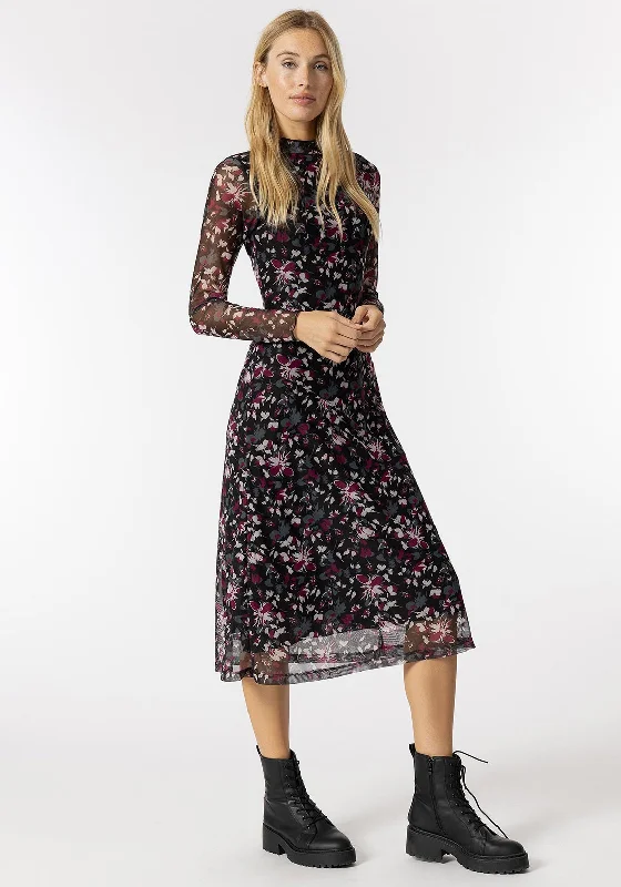 Tiffosi Nile Floral Mesh Midi Dress, Black Multi Trendy Smocked Detail Midi Dress