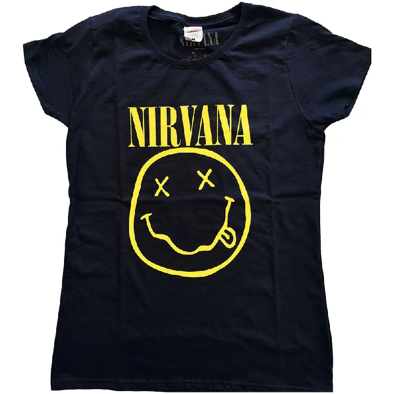 Nirvana Ladies T-Shirt: Yellow Happy Face Mesh Fabric Canvas Fabric Denim Fabric