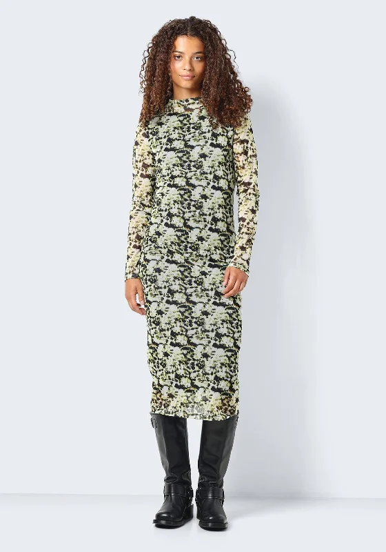 Noisy May Bea High Neck Print Mesh Midi Dress, Blanc De Blanc Stylish Animal Print Midi Dress