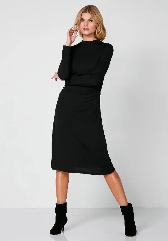 Nu Denmark Ronnie Ruched A-line Midi Dress, Black Trendy Smocked Waist Midi Dress