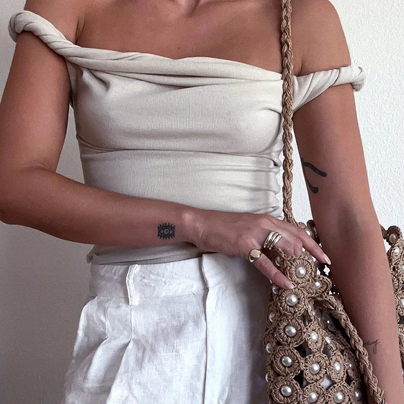 Off Shoulder Slim Fit Sexy Solid Fashion Sleeveless Patchwork Summer T-shirt Anti-Pilling Machine Wash Handmade Off Shoulder Slim Fit Sexy Solid Fashion Sleeveless Patchwork Summer T-shirt Anti-Pilling Machine Wash Handmade