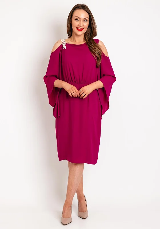 Olimara Applique Cold Shoulder Midi Dress, Magenta Comfortable Fit-and-Flare Midi Dress