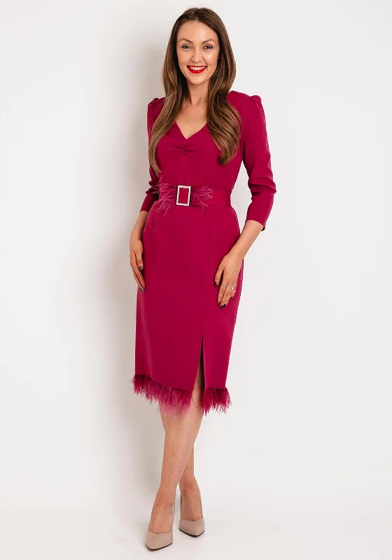 Olimara Feather Trim Midi Dress, Magenta Cozy Spaghetti Strap Midi Dress