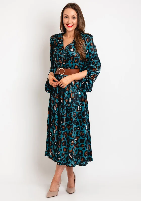 Olimara Leopard Print A-line Midi Dress, Teal Elegant V-Neck Midi Dress