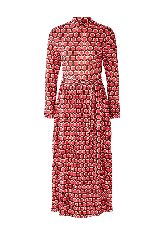 Oui Honeycomb Pattern Slinky Midi Dress, Dark Red Fashionable Floral Embroidery Midi Dress