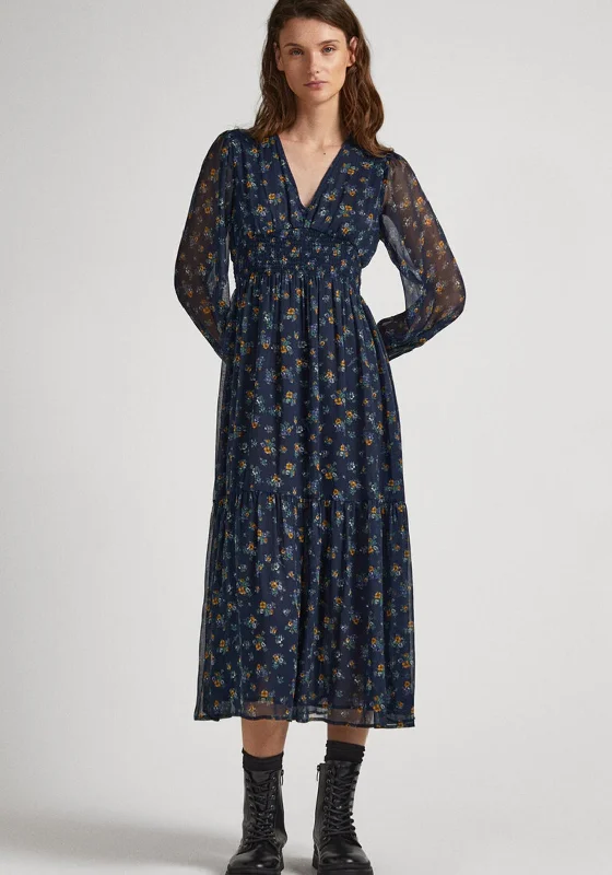 Pepe Jeans Iris Floral Chiffon Midi Dress, Multi Stylish Animal Print Midi Dress