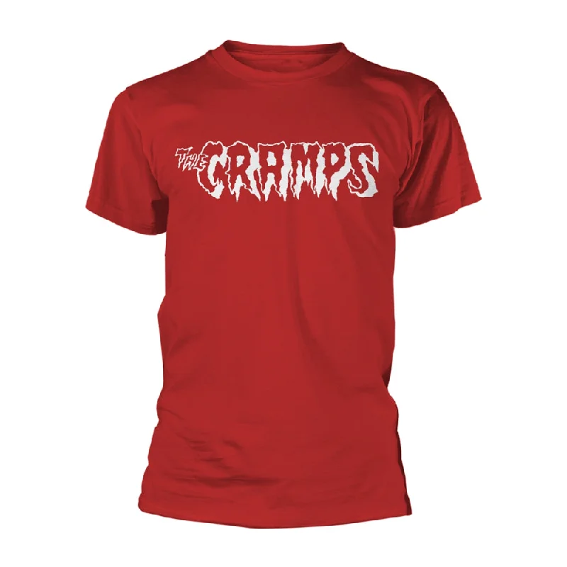 The Cramps Unisex T-shirt: Logo - White (Red) V-Neck T-Shirt Long Sleeve Cotton