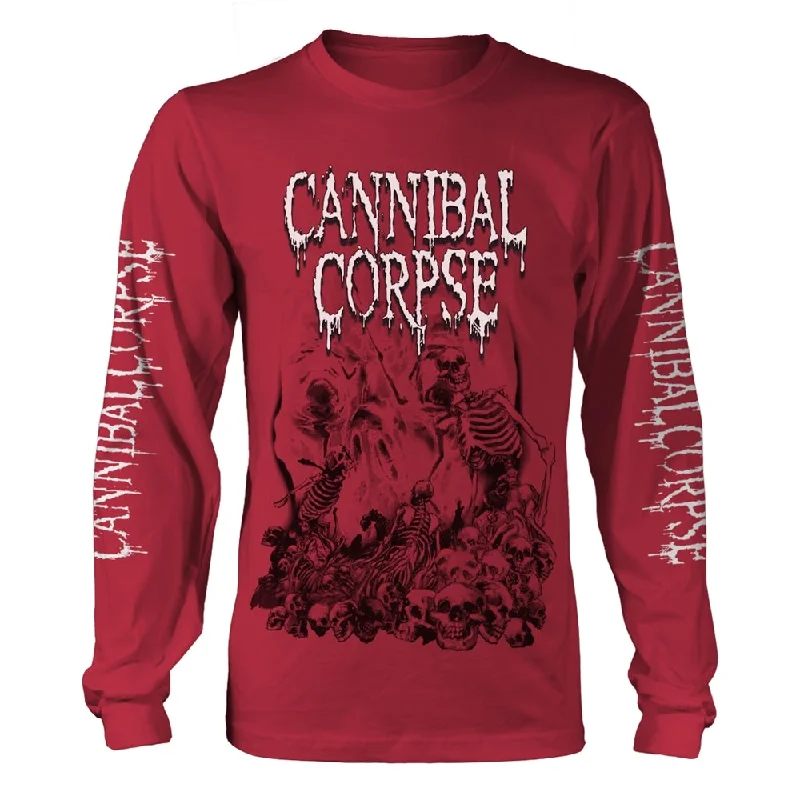 Cannibal Corpse Unisex Long Sleeved T-shirt: Pile Of Skulls 2018 (Red) (back print) Fitted T-Shirt Seamless Stretchy