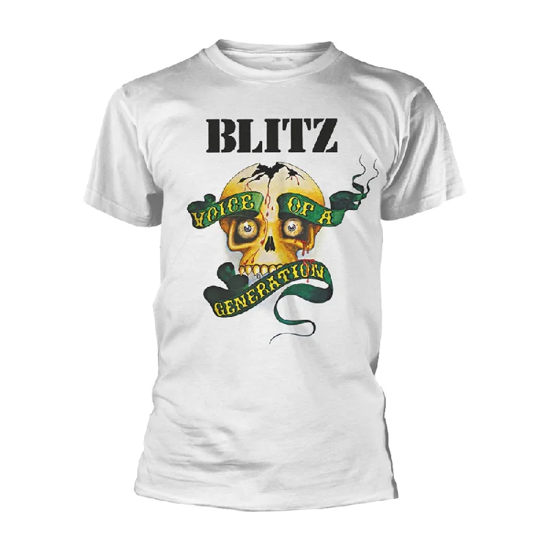 Blitz Unisex T-shirt: Voice Of A Generation (White) Hooded Caped Shawl Collar