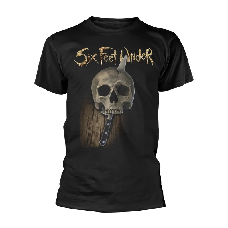 Six Feet Under Unisex T-shirt: Knife Skull (black print) Handmade Hand-knitted Hand-woven