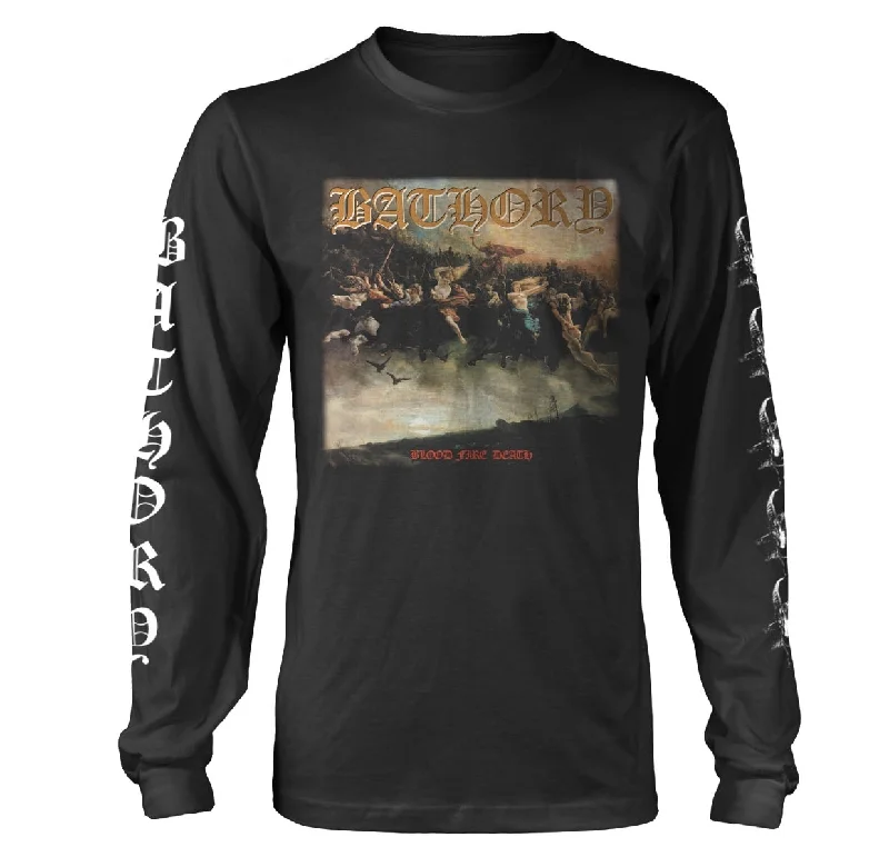 Bathory Unisex Long Sleeved T-shirt: Blood Fire Death (back print) Hooded Caped Shawl Collar