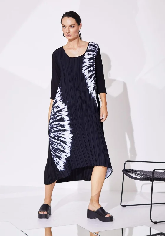 Naya Placement Print Pleated Midi Dress, Black & White Cozy Midi Dress with Pockets