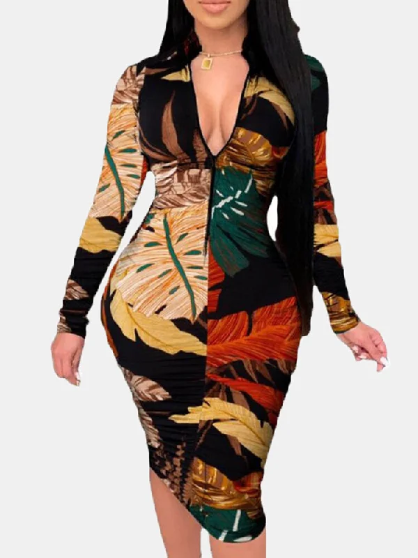 Plant Leaves Print Long Sleeve Zipper Elegant Women Midi Dress Stylish Button-Down Midi Dress