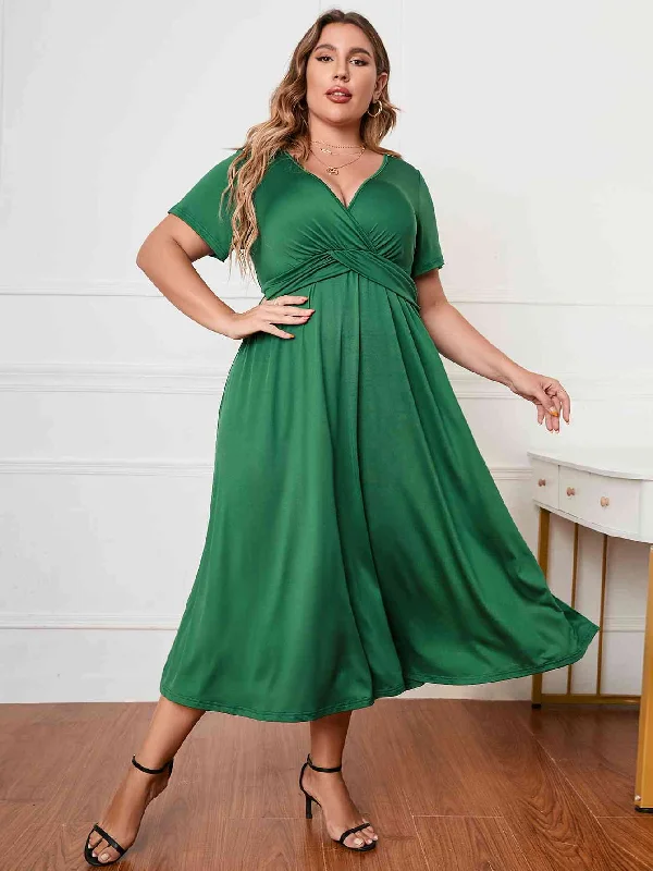 Short Sleeve Surplice Neck Midi Dress Stylish Satin Midi Dress