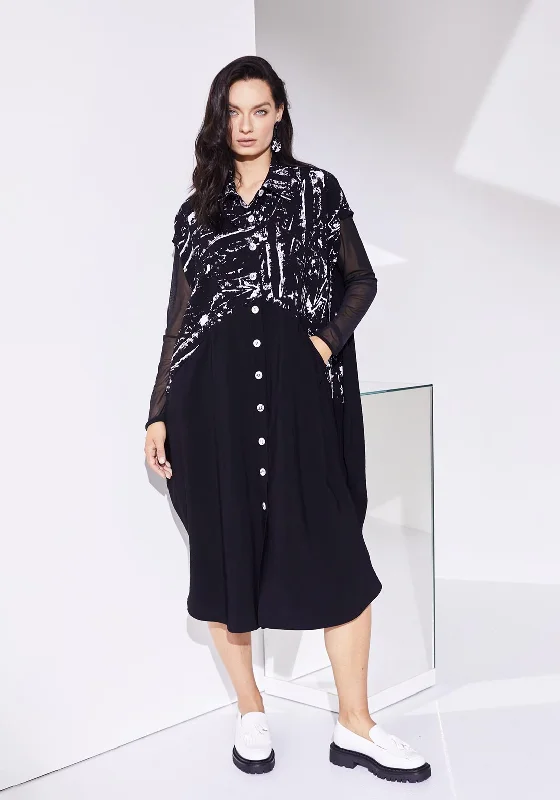 Naya Button Through Print Midi Dress, Black & White Elegant Pleated Sleeve Midi Dress