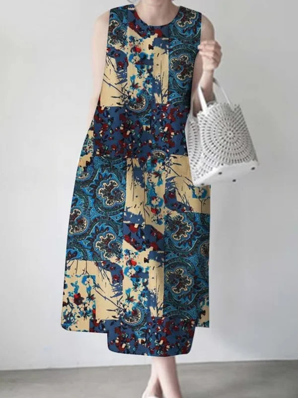 Print Sleeveless Vintage Casual Women Midi Dress Fashionable Wide Leg Midi Dress