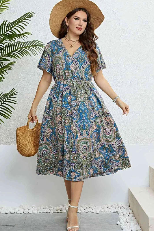 Printed Flutter Sleeve Midi Dress Comfortable Fit-and-Flare Midi Dress