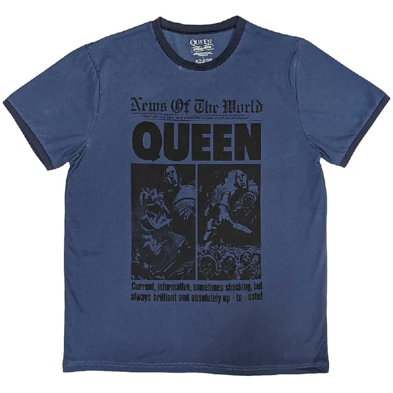 Queen | Official Band Ringer T-Shirt | News of the World 40th Front Page Zippered Buttoned Snapped