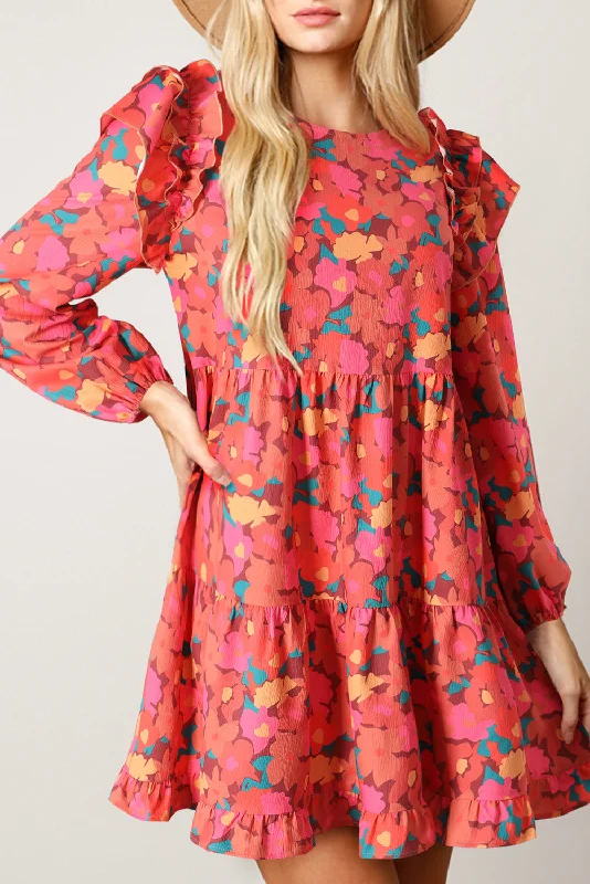 Rose Red Ruffle Shoulder Long Sleeve Floral Mini Dress Cozy Cowl Neck Mini Dress