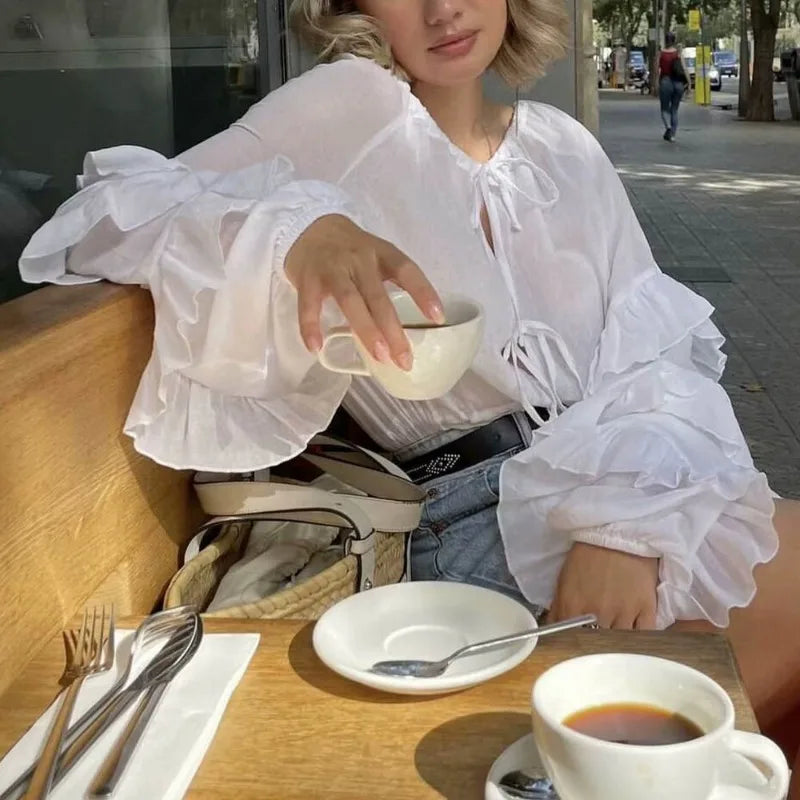 Ruffle Loose White Lace Up Casual Long Sleeve Street New Bandage T-shirt Cotton Fabric Linen Fabric Terry Fabric Ruffle Loose White Lace Up Casual Long Sleeve Street New Bandage T-shirt Cotton Fabric Linen Fabric Terry Fabric