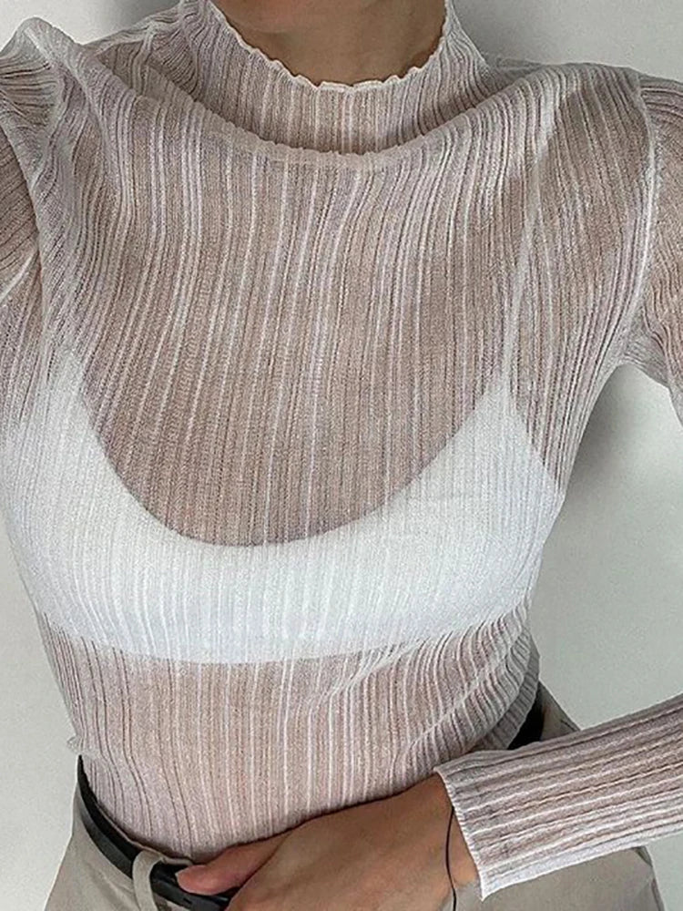 See Through Knitted Autumn White Long Sleeve Mock Neck Slim T-shirt Mesh Blend Leather Blend Suede Blend See Through Knitted Autumn White Long Sleeve Mock Neck Slim T-shirt Mesh Blend Leather Blend Suede Blend