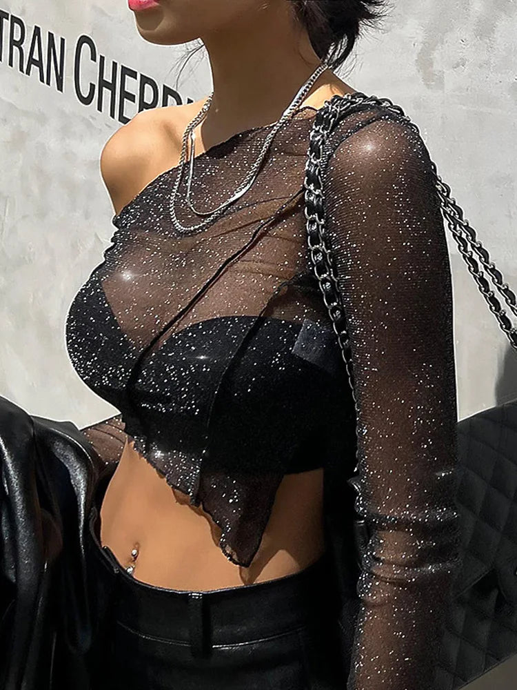 Sheer Mesh Summer See-Through Streetwear One-Shoulder Slim Cropped T-shirt Hooded Caped Shawl Collar Sheer Mesh Summer See-Through Streetwear One-Shoulder Slim Cropped T-shirt Hooded Caped Shawl Collar