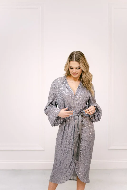 Silver Sequin Wrap Midi Dress Comfortable Casual Midi Dress